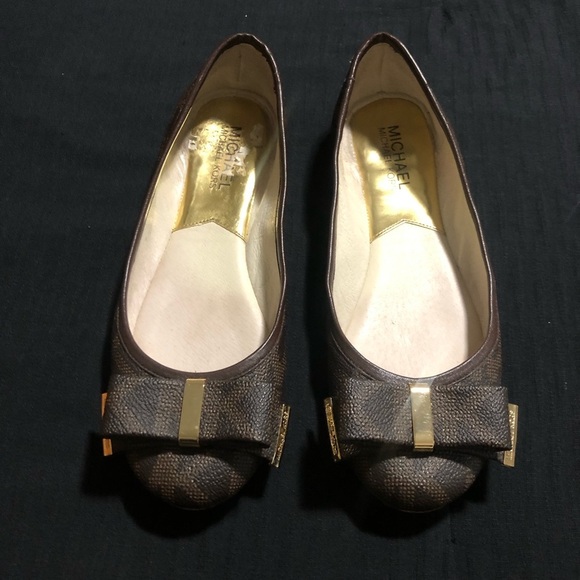 Michael Kors Shoes - Michael Kors Kiera Signature Bow MK Logo Brown / GOLD Ballet Flats, Size 6